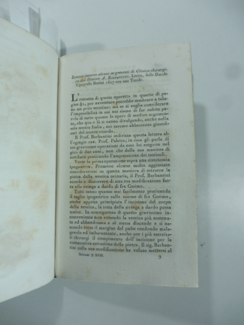 Lettera intorno alcuni argomenti di clinica chirurgica del D. A. Barbantini. Lucca, Bertini, 1827. (Stralcio da: Nuovo giornale de' letterati. N. 44. 1829)